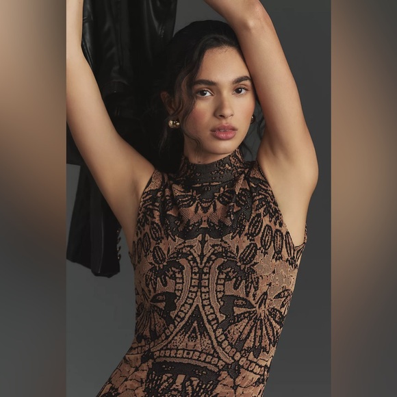 NWT Anthropologie Mock Neck Cap Sleeve Slim Knit Mini Dress in Bronze - Picture 4 of 7